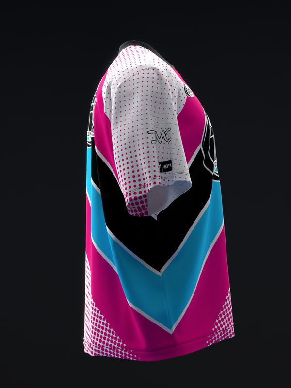 Pink and blue bowling jersey with geometric color blocking and dot pattern detail