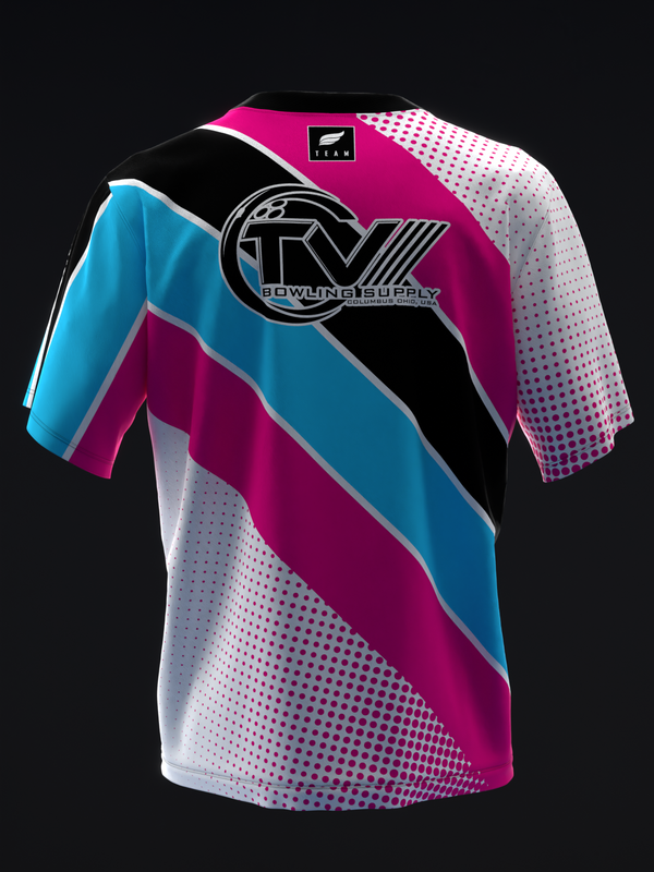 Bowling jersey with magenta, teal, and white diagonal stripes and dotted pattern