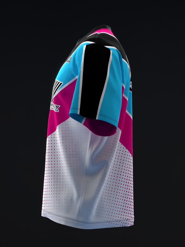 Bowling jersey with cyan, magenta, and white color blocking and dotted mesh panel detail