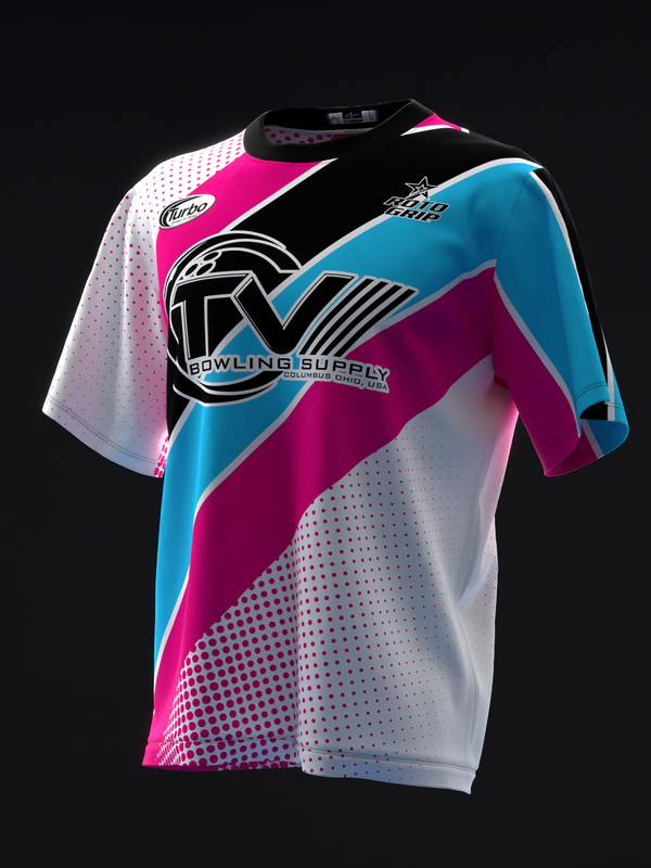 Bowling jersey with magenta, cyan, and white colorblock stripes and dotted pattern detail, front view