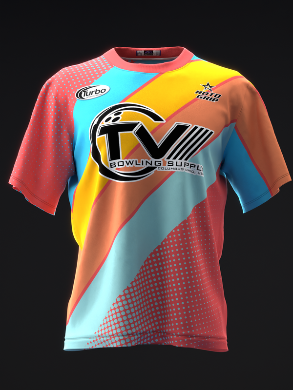 Bowling jersey front view with colorful diagonal stripes and dot pattern design