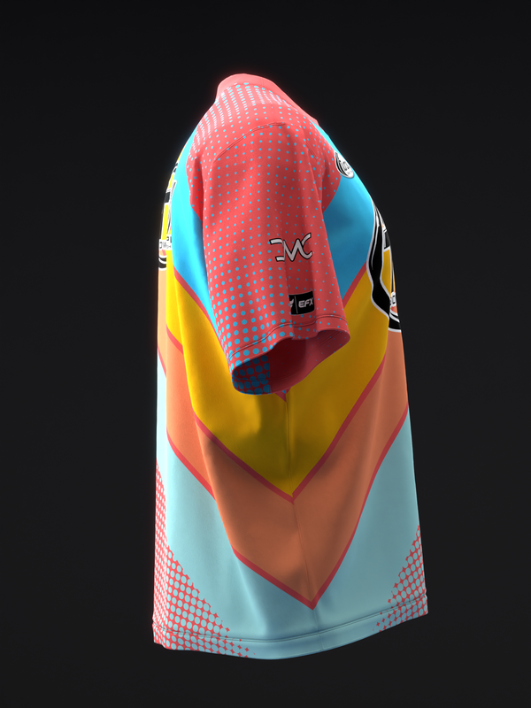 Colorful bowling jersey with red, blue, yellow, and coral stripes and dotted pattern