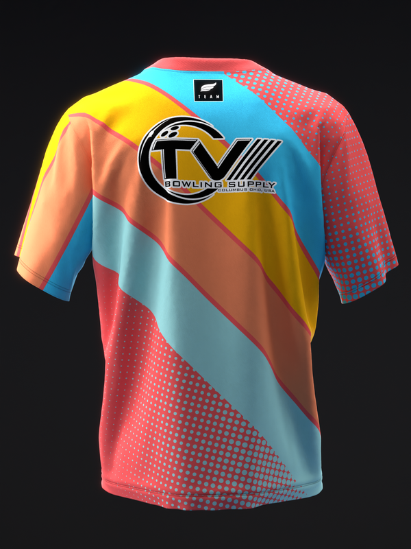 Bowling jersey with multicolored diagonal stripes and dotted pattern, front view