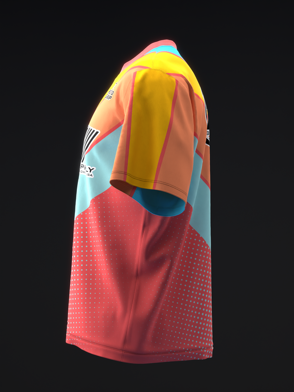 Colorful bowling jersey with retro stripes and dotted pattern detail, side view