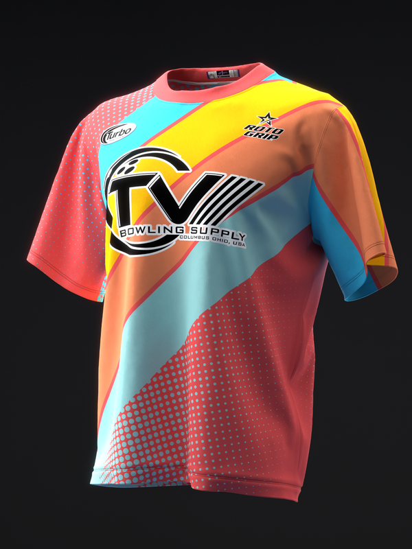 Colorful bowling jersey with diagonal stripes, geometric patterns, and TVI logo