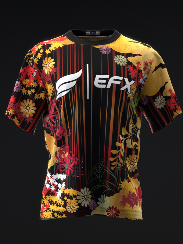 Black bowling jersey with colorful floral and vertical stripe pattern, front view