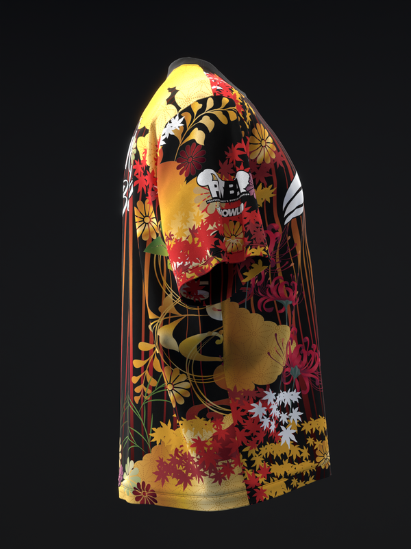 Bowling jersey with autumn leaves pattern in yellow, red, and black tones