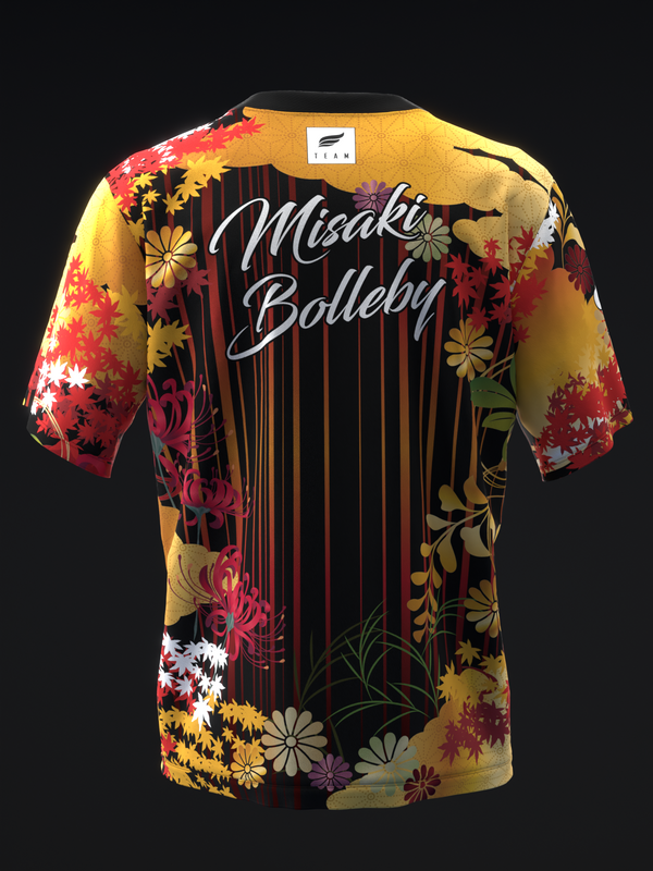 Black bowling jersey back view with gold and red autumn leaf floral pattern