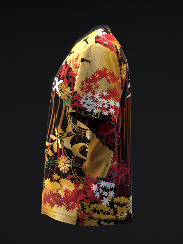 Bowling jersey with autumn leaves and floral pattern in gold, red, and black tones, side view