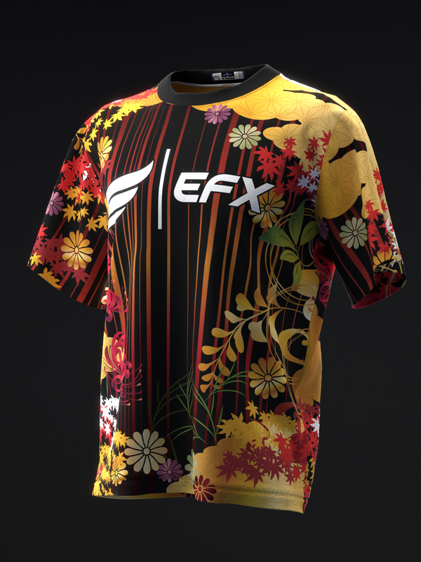 Black bowling jersey with colorful floral and vertical stripe pattern, front view