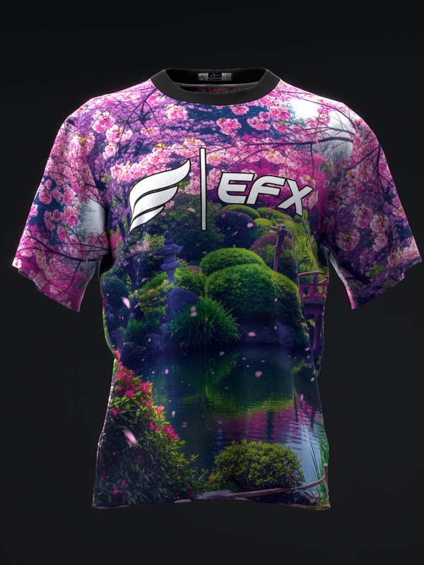 Front view of EFX bowling jersey with vibrant purple floral and garden landscape graphic design