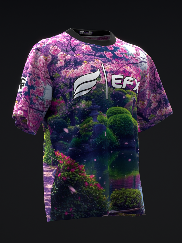 Front view bowling jersey with vibrant purple, green, and pink garden imagery and EFX logo