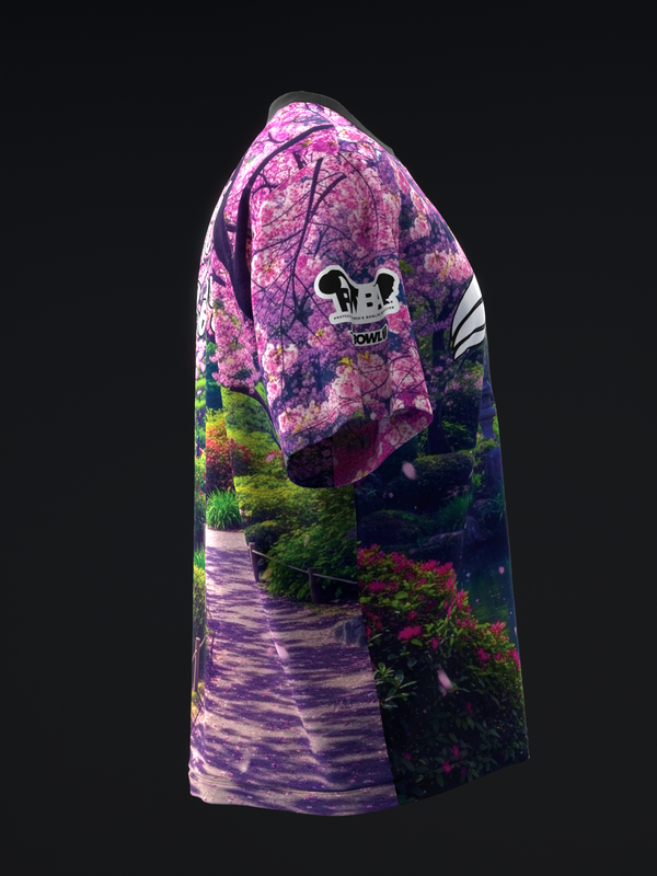 Purple bowling jersey with Japanese garden landscape and floral design, side view