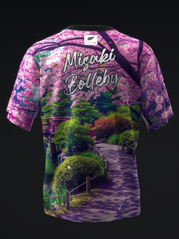 Purple bowling jersey with Japanese garden landscape and cherry blossoms graphic, front view