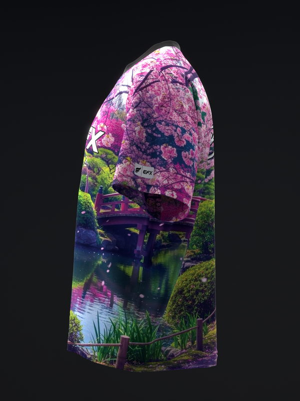 Bowling jersey featuring vibrant Japanese garden landscape with pink flowers and water