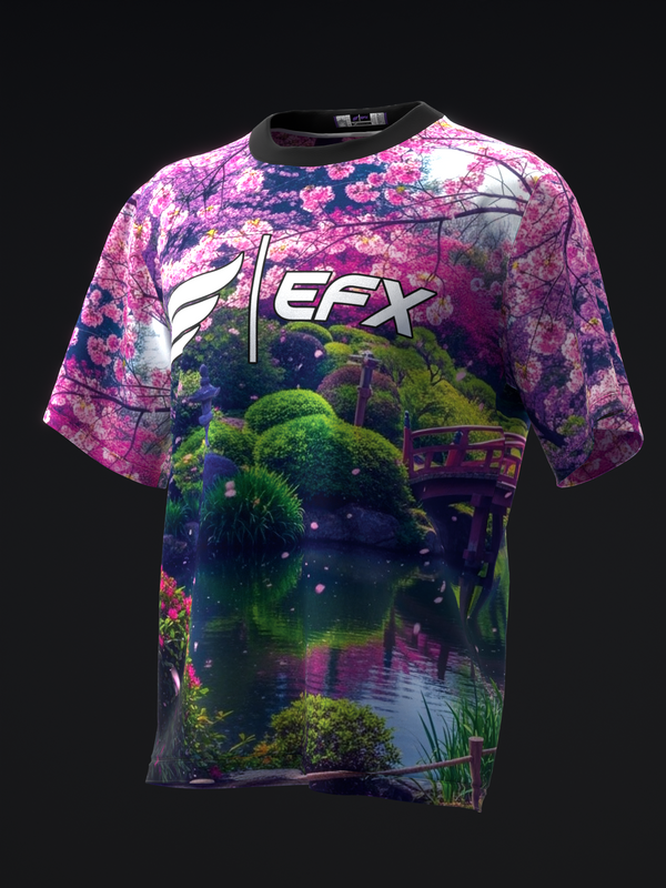 Front view bowling jersey with EFX logo and Japanese garden landscape graphic in vibrant pink and green tones