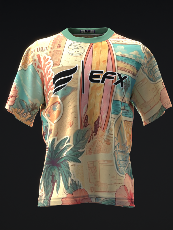 Front view of bowling jersey with retro tropical and travel-themed all-over print and EFX logo