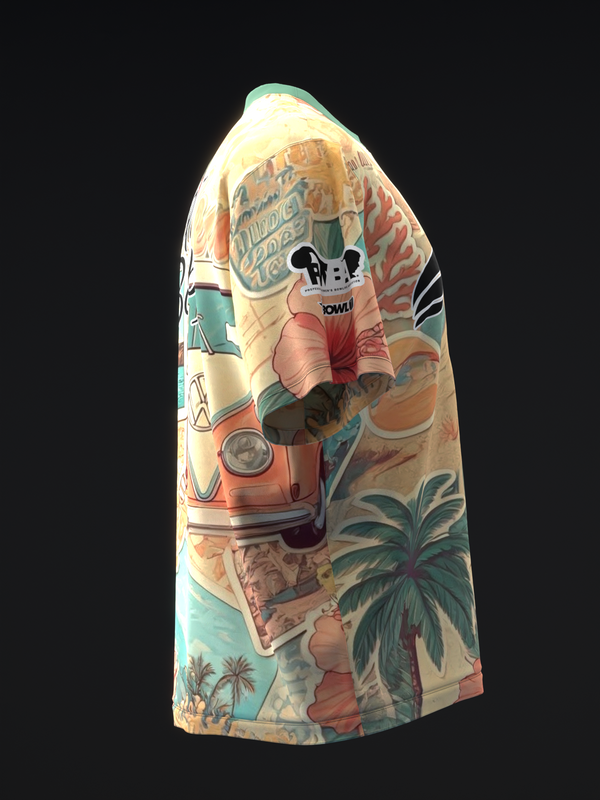 Retro travel-themed bowling jersey with vintage van and palm tree graphics, front view