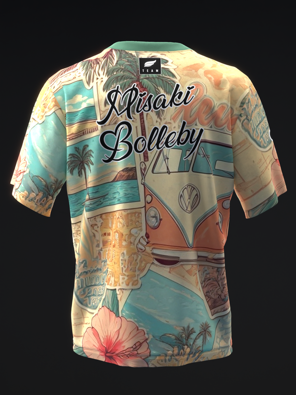 Bowling jersey with retro travel graphics featuring vintage camper and tropical scenes