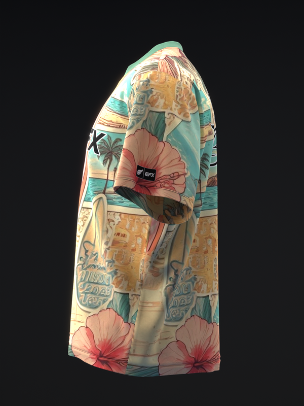 Bowling jersey with retro travel-inspired design featuring tropical flowers and Egyptian motifs