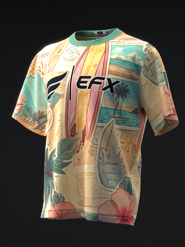 Bowling jersey with retro tropical beach graphic and EFX branding, mint collar