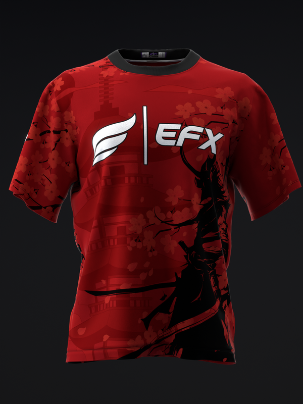 Red bowling jersey with white EFX logo and black samurai graphic on front