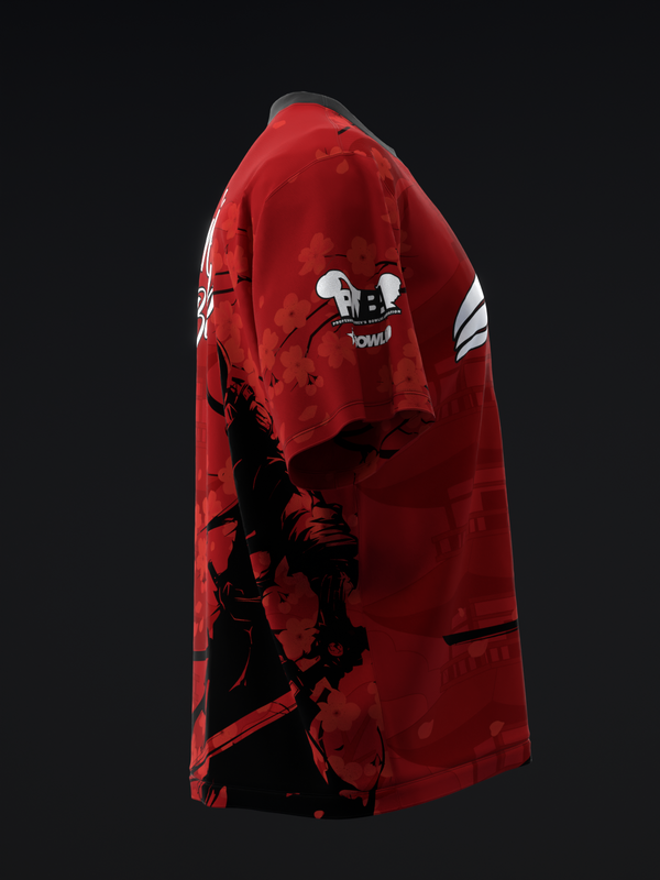 Red bowling jersey with black samurai graphic and white bowling pins design