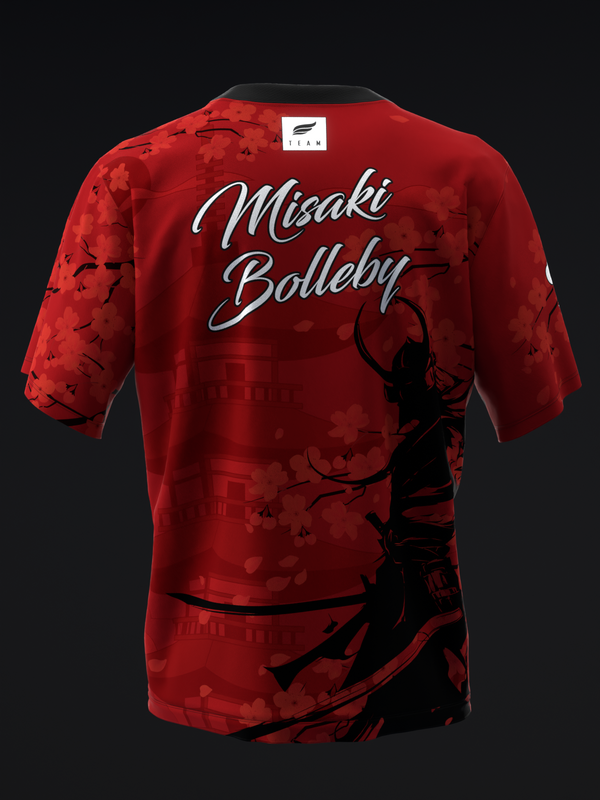 Red bowling jersey with white script text and black samurai graphic design