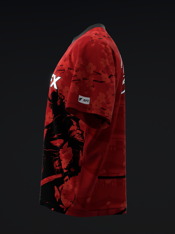Red bowling jersey with black samurai graphic and white accents, side view