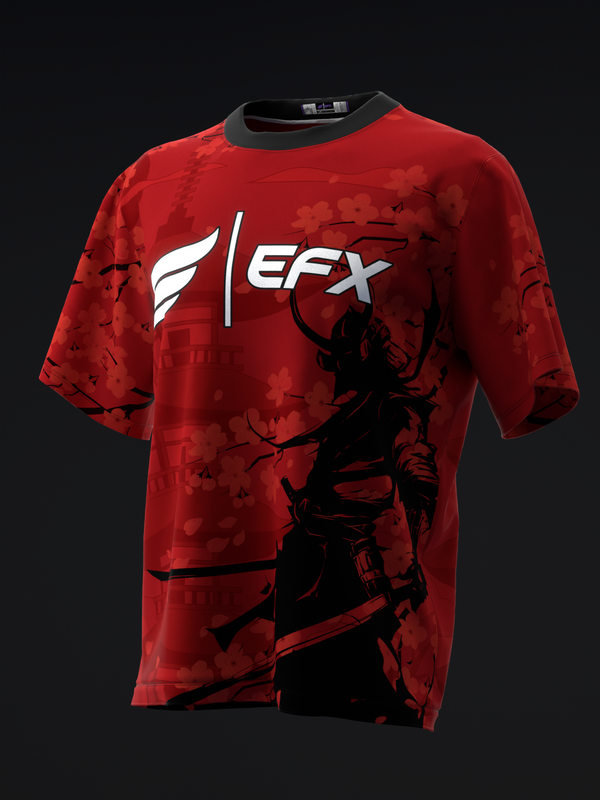Red bowling jersey with EFX logo and black samurai graphic design, front view