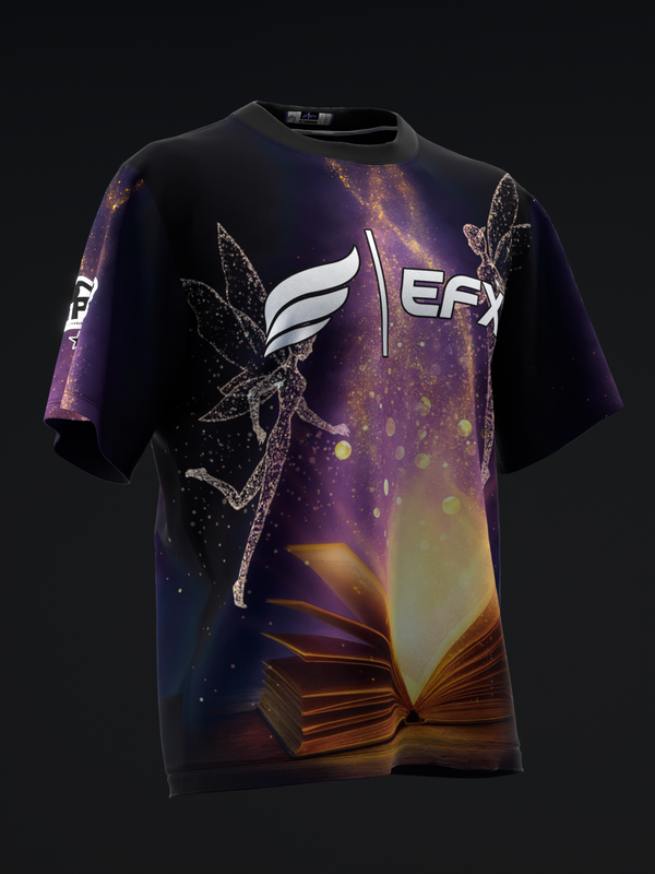 Black bowling jersey with purple and gold magical book graphic and winged logo design