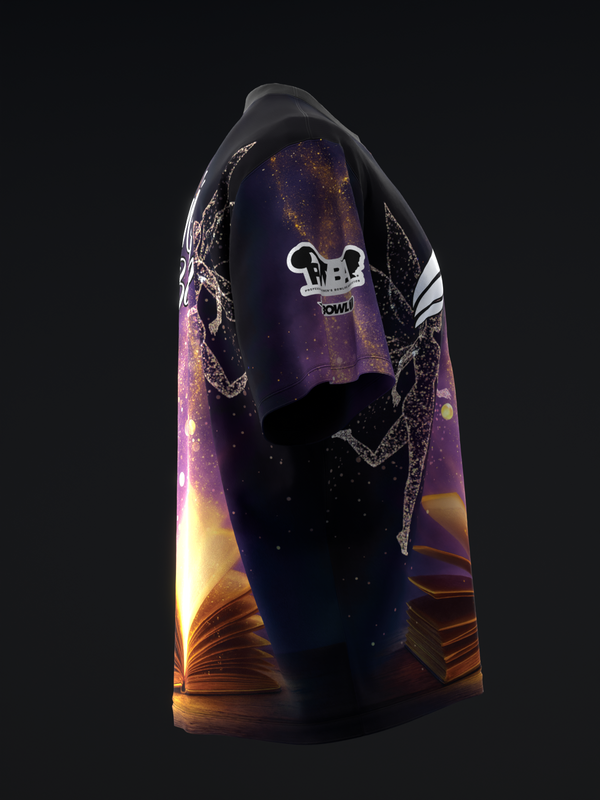 Black bowling jersey with purple, gold, and cosmic graphic design featuring open book imagery