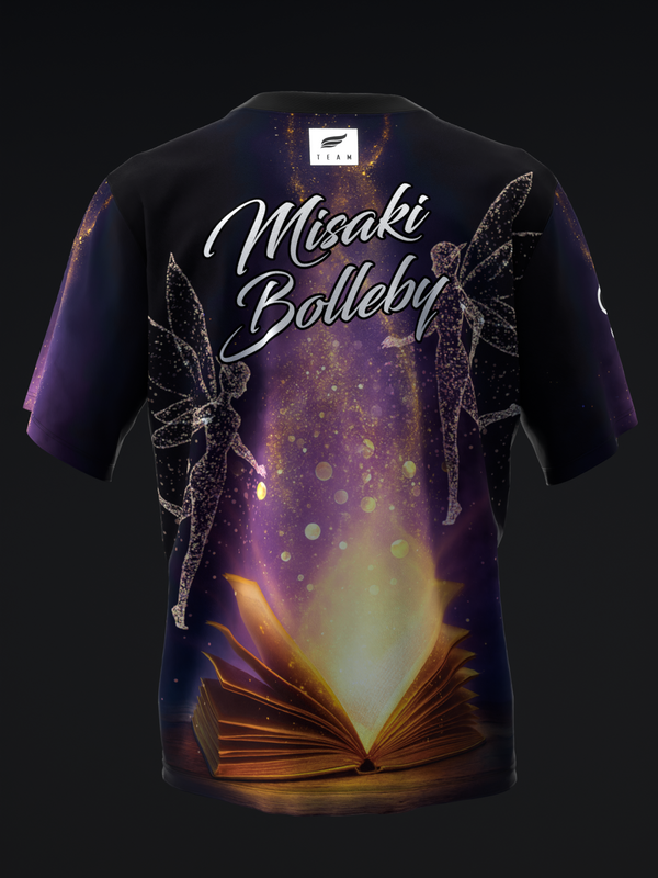 Black bowling jersey with glowing book and fairy graphics, back view