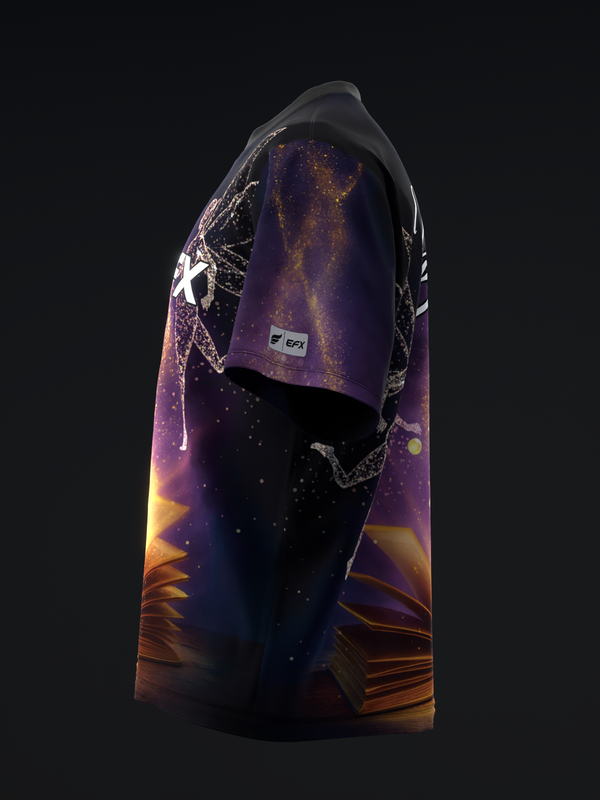 Black bowling jersey with purple and gold cosmic design and white star graphic