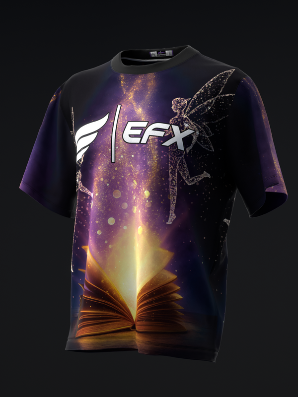 Black bowling jersey with glowing book and magical fairy graphic design, front view