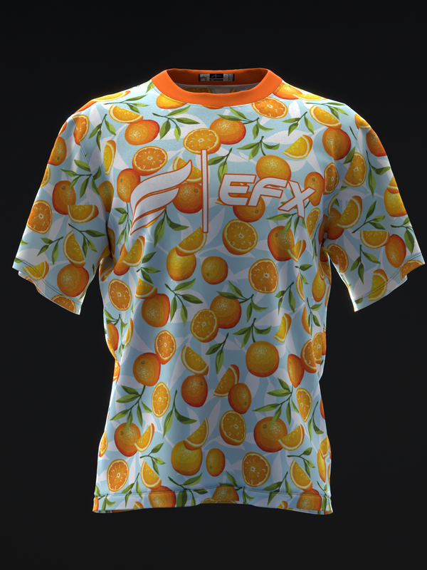 Light blue bowling jersey with orange citrus fruit and leaf print pattern