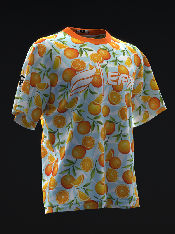 Light blue bowling jersey with orange citrus fruit and leaf pattern, orange neckline