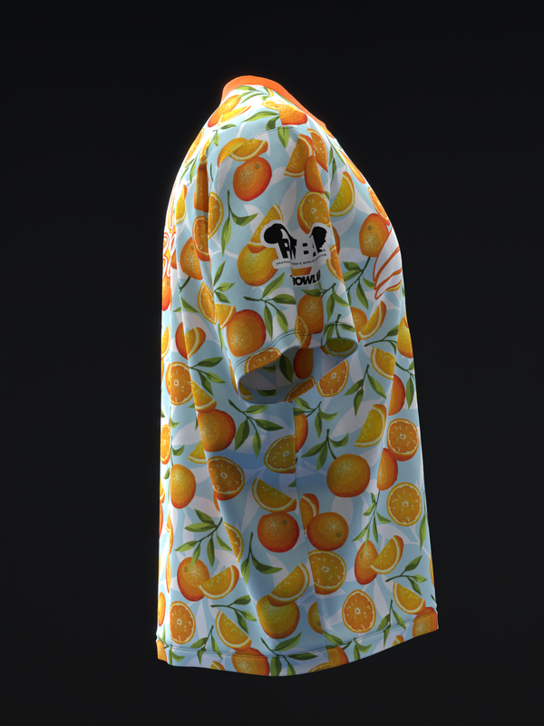 Light blue bowling jersey with orange citrus fruit and leaf allover print