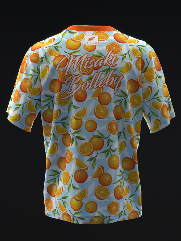 Light blue bowling jersey with orange citrus and leaf print, back view