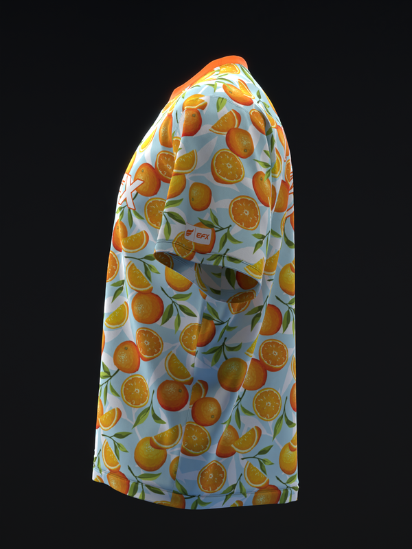 Light blue bowling jersey with orange citrus fruit and leaf pattern, side view