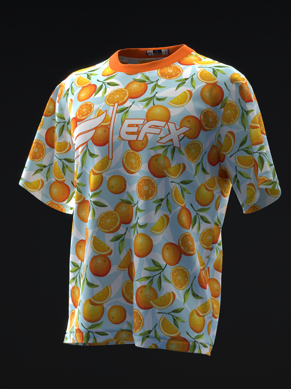 Light blue bowling jersey with orange citrus fruit and leaf print pattern
