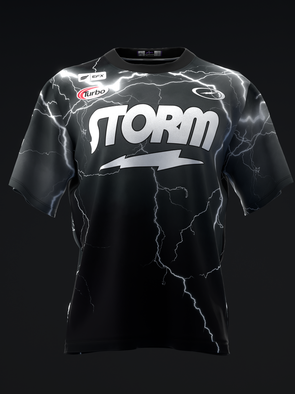 Black bowling jersey with white Storm logo and lightning bolt graphic design
