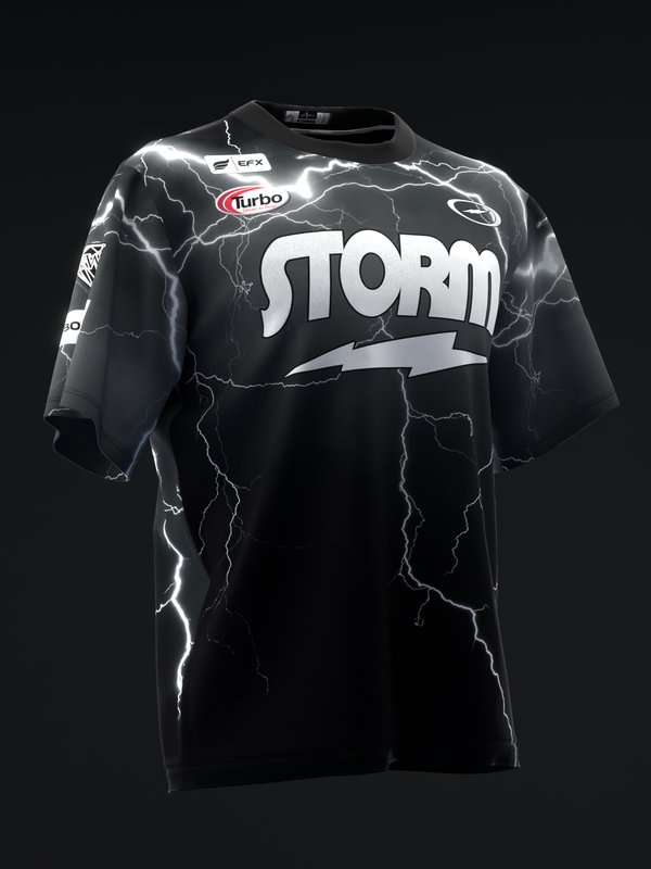 Black bowling jersey with white lightning bolt pattern and Storm logo front view