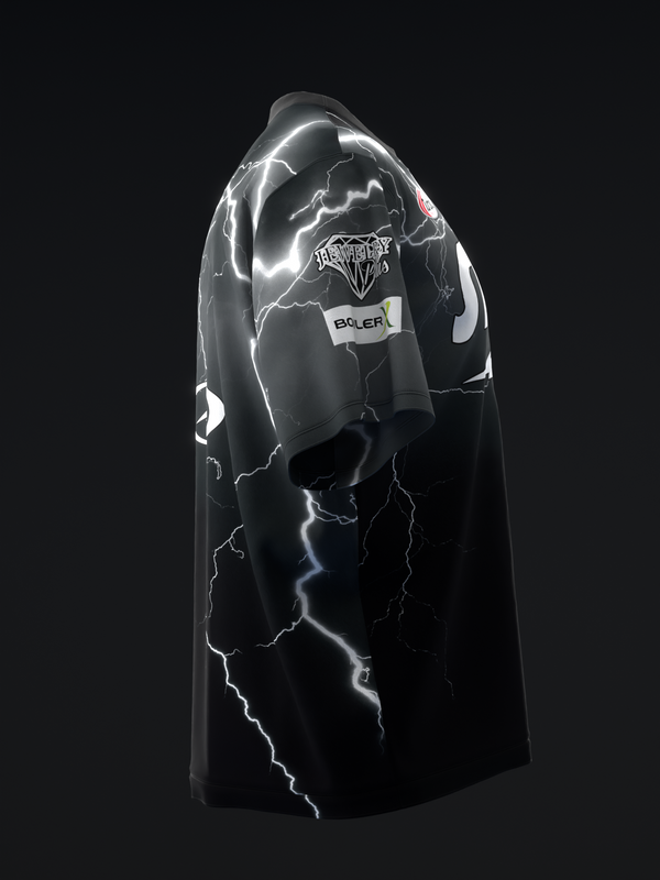 Black bowling jersey with white lightning bolt graphic and diamond logo on front