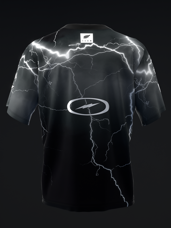 Black bowling jersey with white lightning bolt pattern and oval logo graphic
