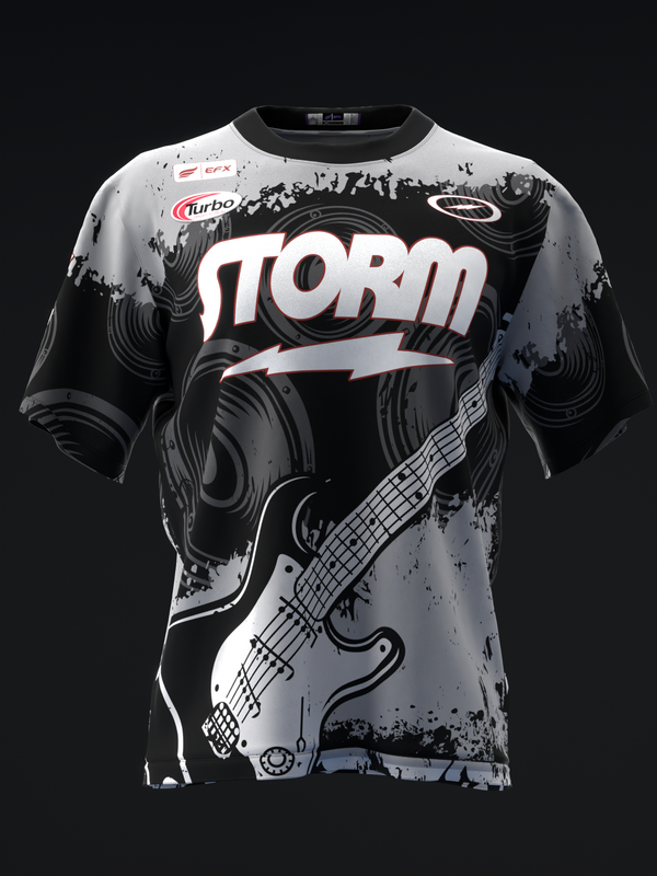 Black and gray bowling jersey with Storm logo and electric guitar graphic design