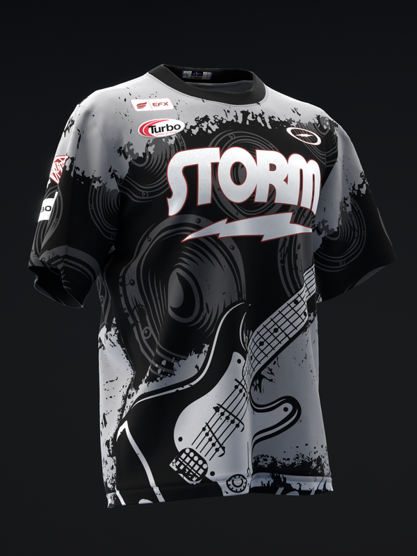 White and black bowling jersey with Storm logo and guitar graphic design, front view