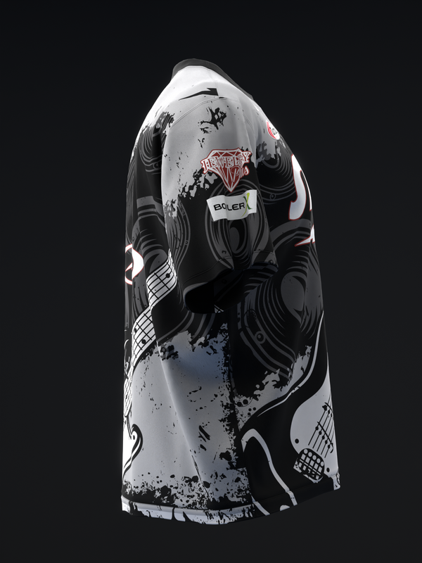 Black and white bowling jersey with rock band graphic and distressed design elements