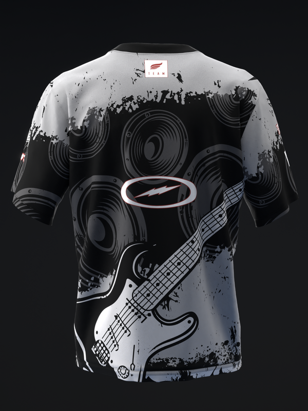 White and black bowling jersey with graphic electric guitar and speaker design