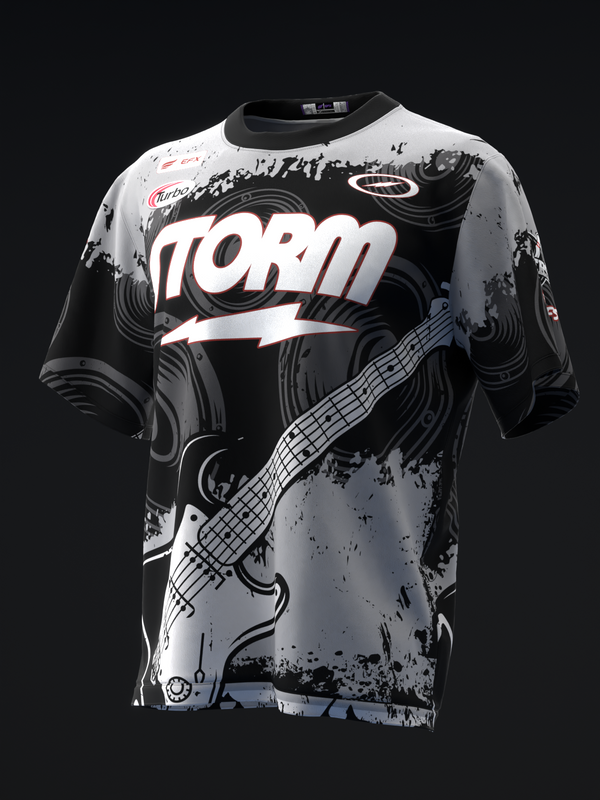Black and gray bowling jersey with white "NBRM" text and bass guitar graphic